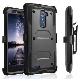ZTE Zmax Pro Case, [SUPER GUARD] Dual Layer Protection With [Built-in Screen Protector] Holster Locking Belt Clip+Circle(TM) Stylus Touch Screen Pen (Black)